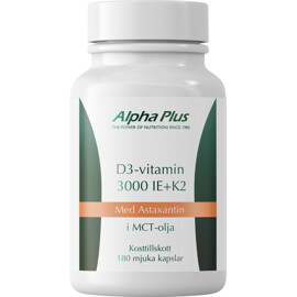 Alpha Plus D3-vitamin 3000 IE + K2 och Astaxantin 180 kapselia